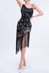 Black 1920s Dress Asymmetric Sequin Fringe Gatsby Dress