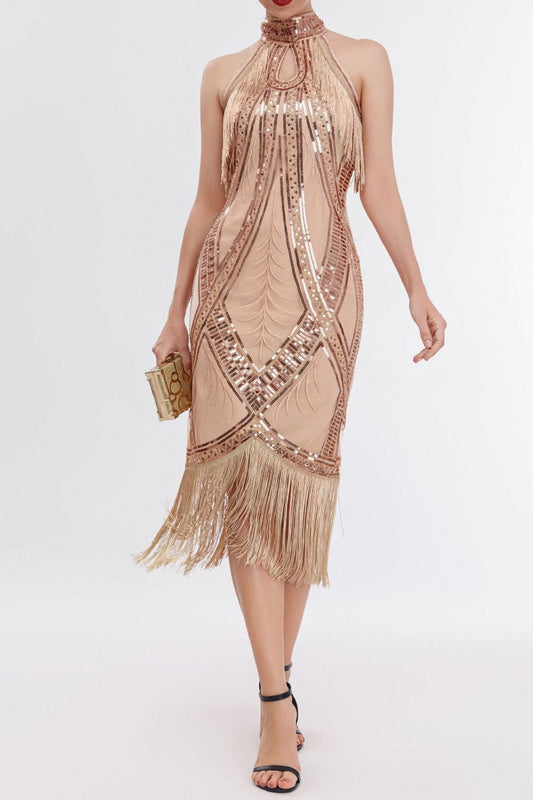 Apricot 1920s Dress Keyhole Sequin Fringe Gatsby Dress