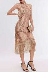 Apricot 1920s Dress Keyhole Sequin Fringe Gatsby Dress