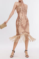 Apricot 1920s Dress Keyhole Sequin Fringe Gatsby Dress