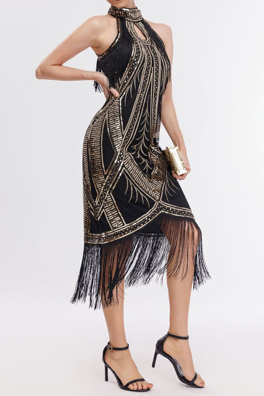 Black Gold 1920s Dress Keyhole Sequin Fringe Gatsby Dress