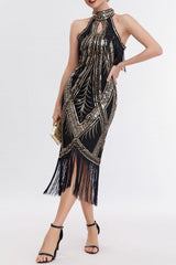 Black Gold 1920s Dress Keyhole Sequin Fringe Gatsby Dress