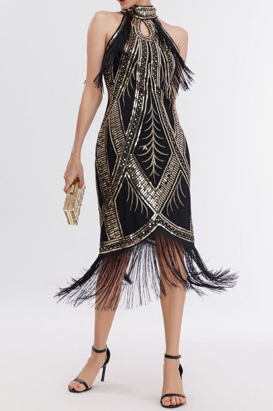 Black 1920s Dress Keyhole Sequin Fringe Gatsby Dress