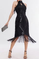 Black 1920s Dress Keyhole Sequin Fringe Gatsby Dress