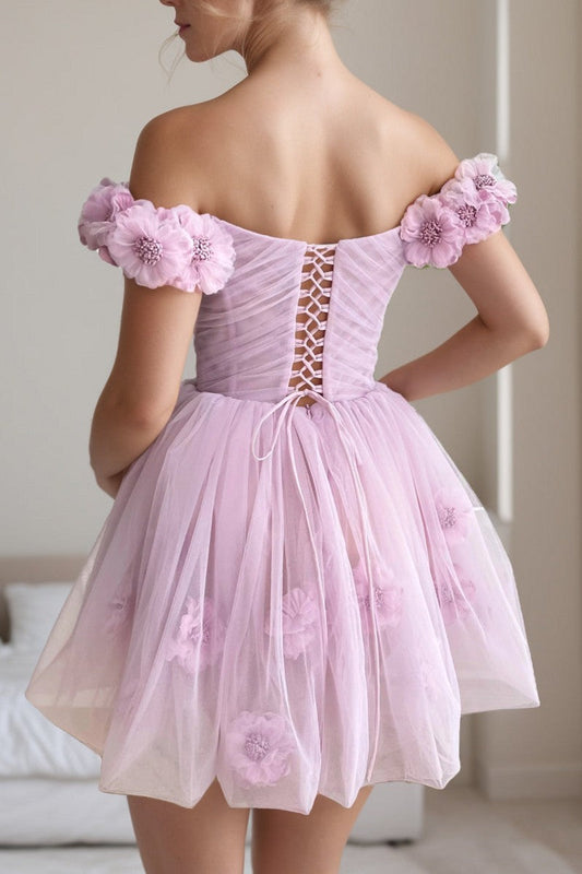 Pink Graduation Dress Off the Shoulder 3D Flowers Tulle Party Dress