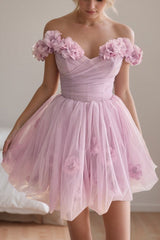 Pink Graduation Dress Off the Shoulder 3D Flowers Tulle Party Dress