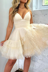 Champagne Graduation Dress Spaghetti Straps Tulle Short Party Dress