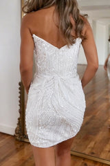 White Sequin Graduation Dress Strapless Bodycon Short Cocktail Dress