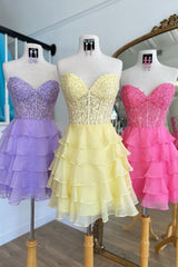 Yellow Corset Chiffon Short Homecoming Dress with Appliques