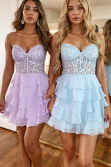 Baby Blue Corset Chiffon Short Graduation Dress with Appliques