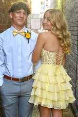 Yellow Corset Chiffon Short Homecoming Dress with Appliques