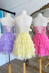 Yellow Corset Chiffon Short Homecoming Dress with Appliques