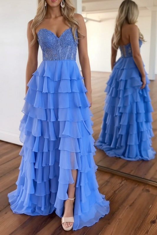 Cornflower Blue Sweetheart Prom Dress Tiered Lace Chiffon Evening Dress