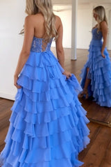 Cornflower Blue Sweetheart Prom Dress Tiered Lace Chiffon Evening Dress