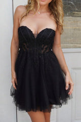 Black Tulle Appliques Graduation Dress Strapless A-Line Short Cocktail Dress