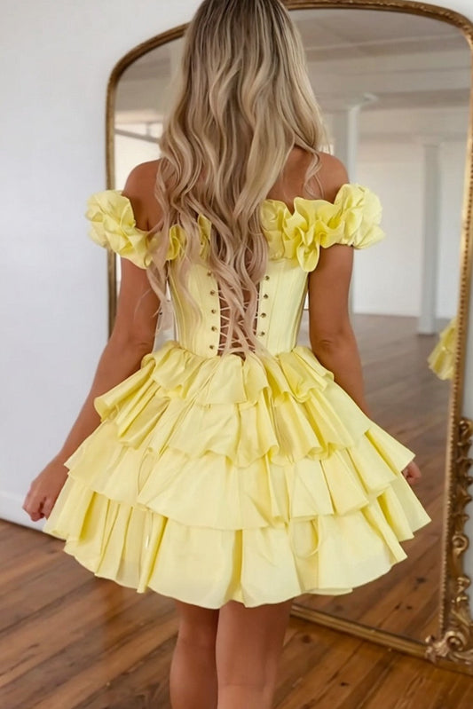 Yellow Tiered Graduation Dress Ruffles Short Cocktail Dress