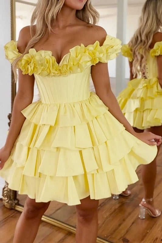 Yellow Tiered Graduation Dress Ruffles Short Cocktail Dress