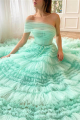 Mint Green One Shoulder Prom Dress A Line Tiered Evening Dress