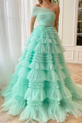 Mint Green One Shoulder Prom Dress A Line Tiered Evening Dress