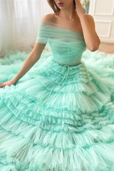 Mint Green One Shoulder Prom Dress A Line Tiered Evening Dress