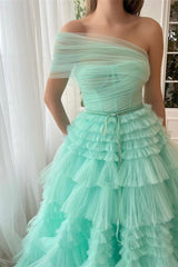 Mint Green One Shoulder Prom Dress A Line Tiered Evening Dress