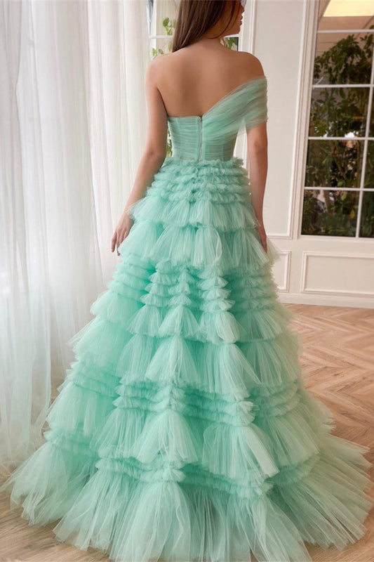 Mint Green One Shoulder Prom Dress A Line Tiered Evening Dress