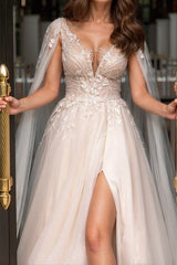 Champagne A Line Wedding Dress V Neck Bridal Dress with Watteau Train