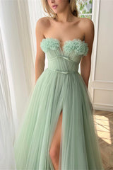 Green A Line Strapless Prom Dress A Line Evening Dress with Slit