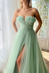 Green A Line Strapless Prom Dress A Line Evening Dress with Slit