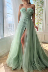 Green A Line Strapless Prom Dress A Line Evening Dress with Slit