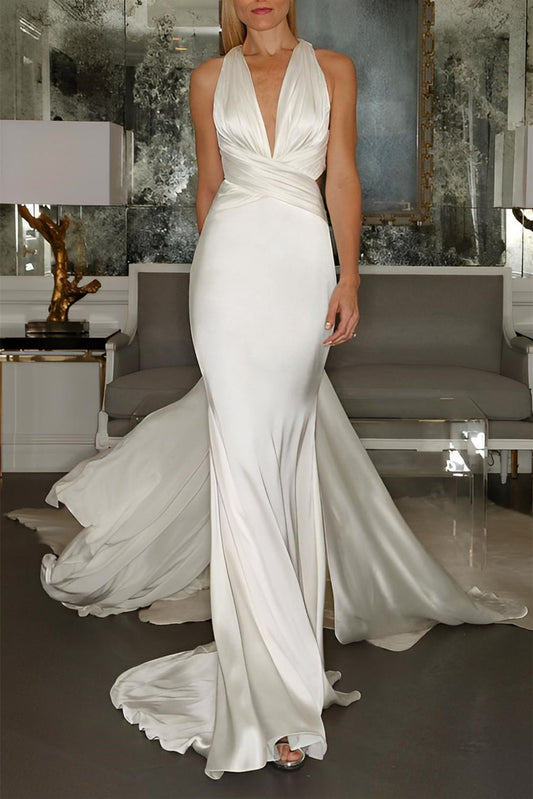 Ivory Mermaid Wedding Dress Halter Bridal Dress with Panel Train