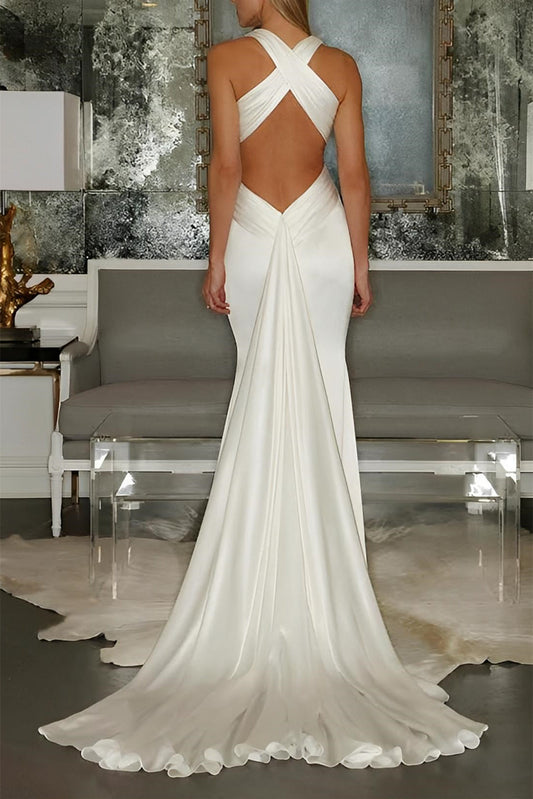 Ivory Mermaid Wedding Dress Halter Bridal Dress with Panel Train