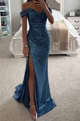 Ivory Off the Shoulder Prom Dress Sequin Evening Dress with Slit