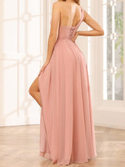 Dusty Rose One Shoulder Bridesmaid Dress Chiffon Wedding Guest Dress