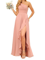 Dusty Rose One Shoulder Bridesmaid Dress Chiffon Wedding Guest Dress