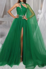 Green A Line Prom Dress One Shoulder Evening Dress with Watteau Train