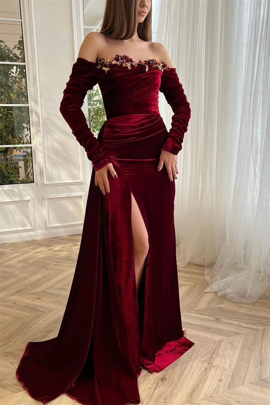 Burgundy Velvet Evening Dress Off the Shoulder Party Dress with Panel Train