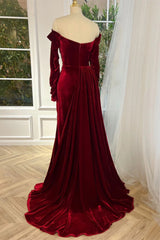 Burgundy Velvet Evening Dress Off the Shoulder Party Dress with Panel Train