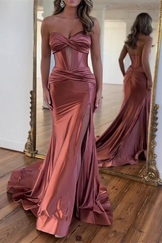 Strapless Mermaid Prom Dress Mermaid Evening Dress with Slit