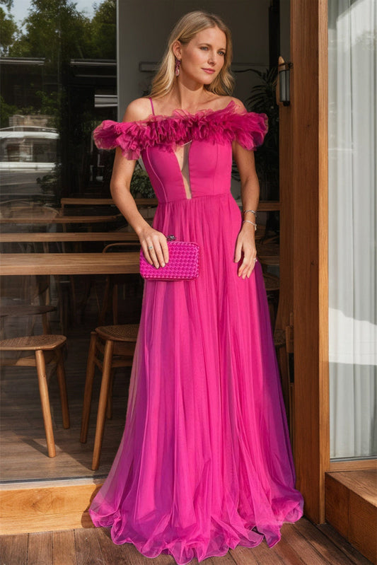 Fuchsia A Line Prom Dress Off the Shoulder Evening Dress