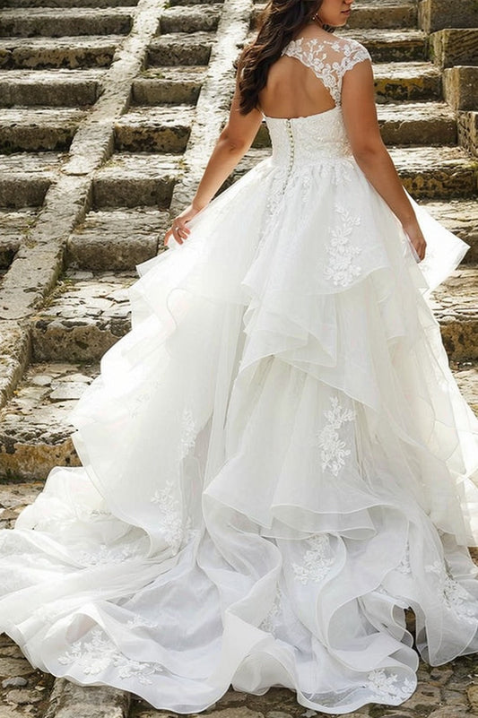 White A Line Wedding Dress V Neck Tulle Appliques Bridal Dress with Ruffles