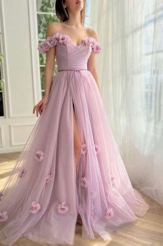 Dusty Rose A Line Prom Dress Off the Shoulder Evening Dress with Flowers