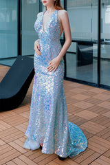 Blue Halter Mermaid Prom Dress Sequin Evening Dress