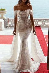 White Trumpet/Mermaid Off-the-Shoulder Floor-length Prom Dresses