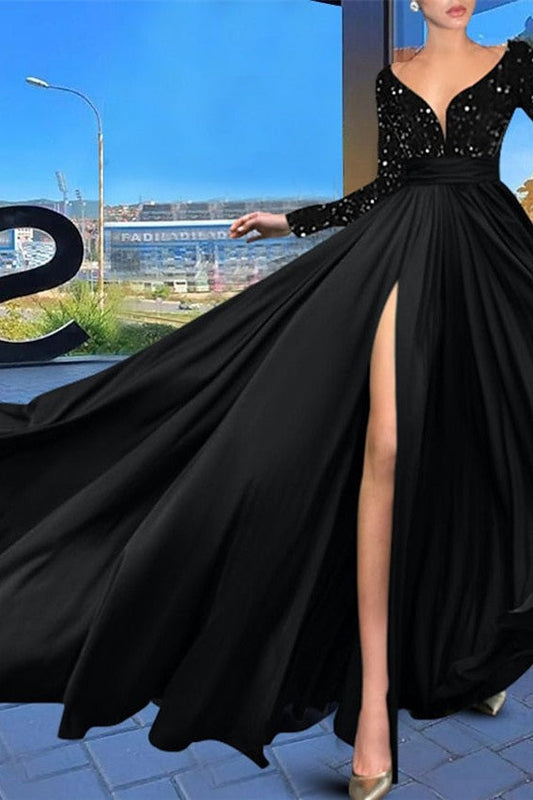 Green A-Line Evening Dresses Long Sleeve V Neck Prom Dress