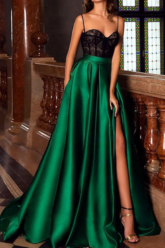 Dark Green Prom Dresses A-Line Spaghetti Straps Satin Evening Dress