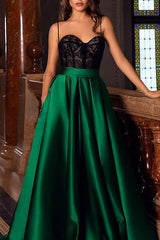 Dark Green Prom Dresses A-Line Spaghetti Straps Satin Evening Dress