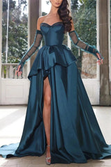 Blue A-Line Prom Dress Strapless Long Sleeves Formal Evening Dresses with Slit