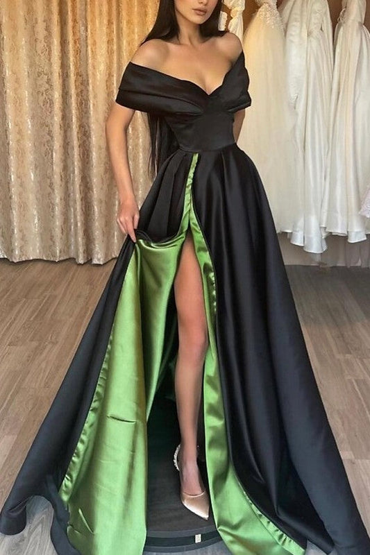 Black A-Line Prom Dress Off the Shoulder Floor-length Formal Evening Dress