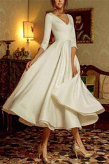 Ivory A-Line Wedding Dress V-Neck Tea-Length Long Sleeve Bridal Dress